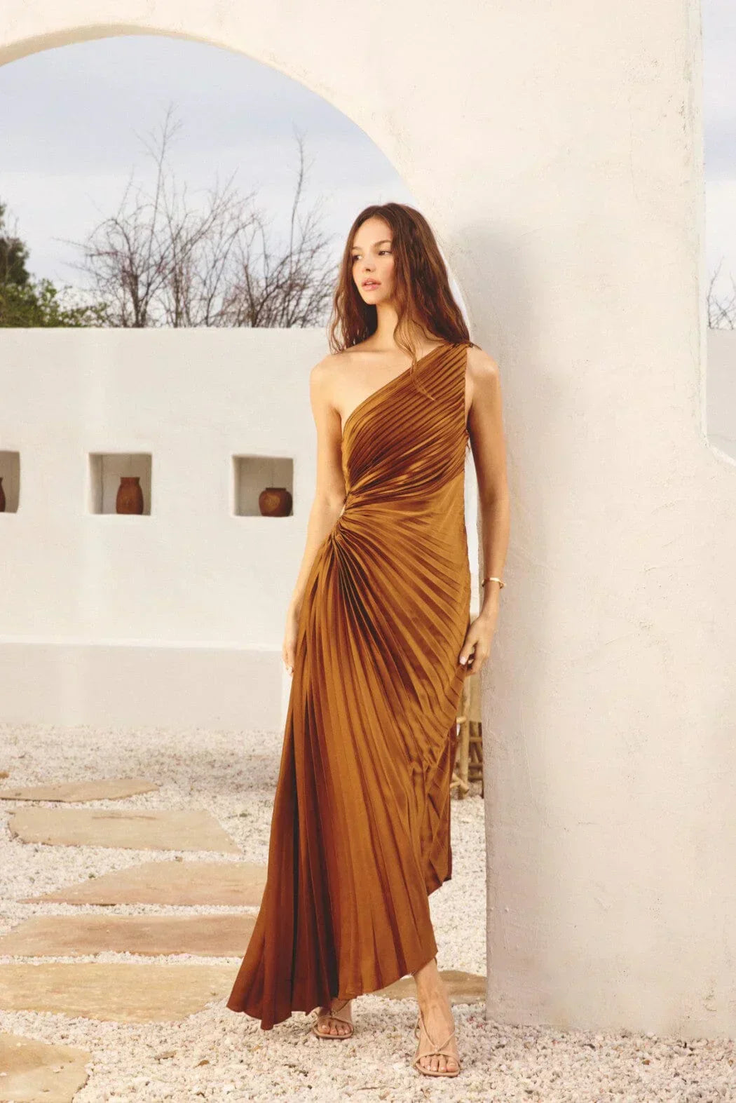SYLVIANA® ONE-SHOULDER PLEATED MIDI DRESS